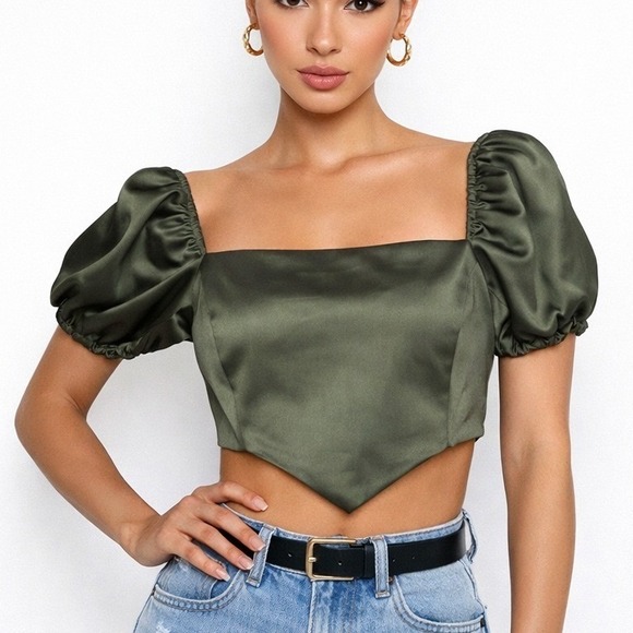 Forever 21 Tops - Forever 21 Crop Top Women Small Olive Green Satin Puff Sleeve Handkerchief Hem